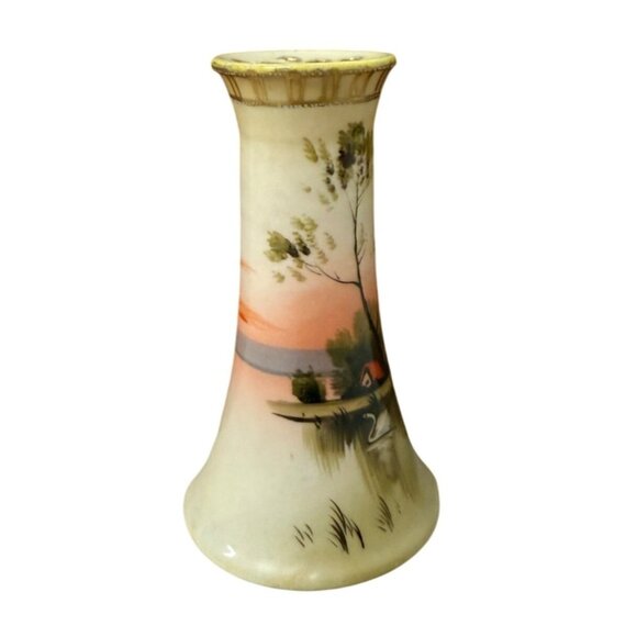 Ceramic Hat Pin Holder Handpainted Cottage & Swan Scene - Picture 3 of 7